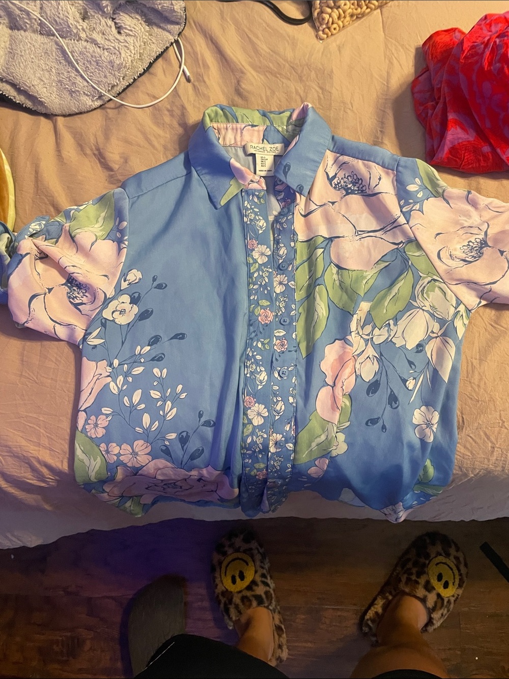 Rachel Zoe Blue Floral Button-Down Shirt with Pink and Green Details